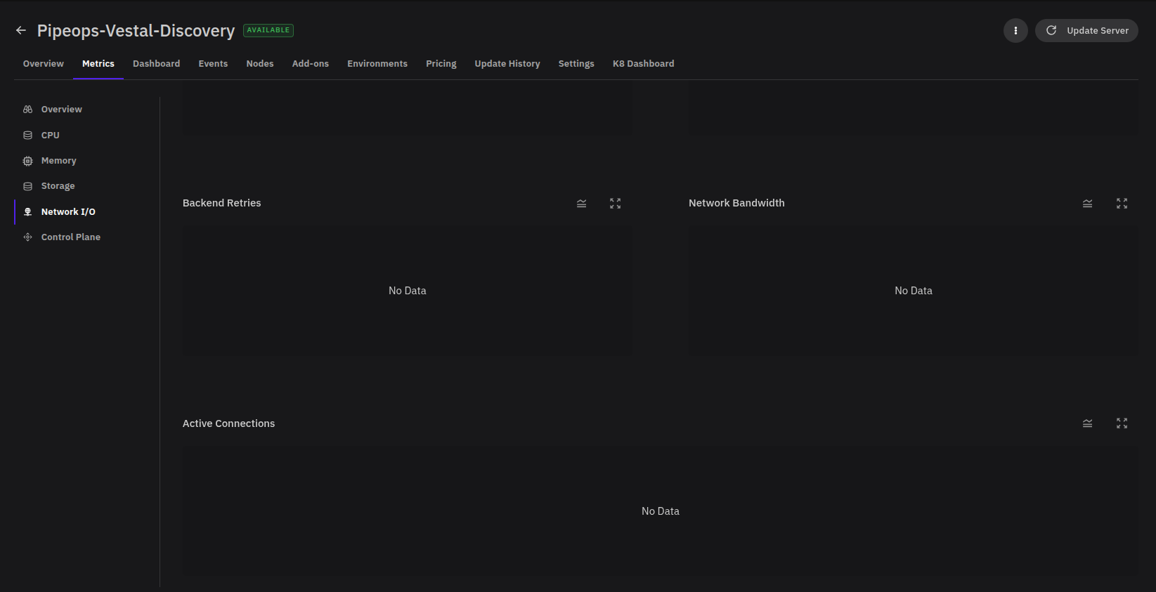 Server network retry, bandwidth, and connection metrics
